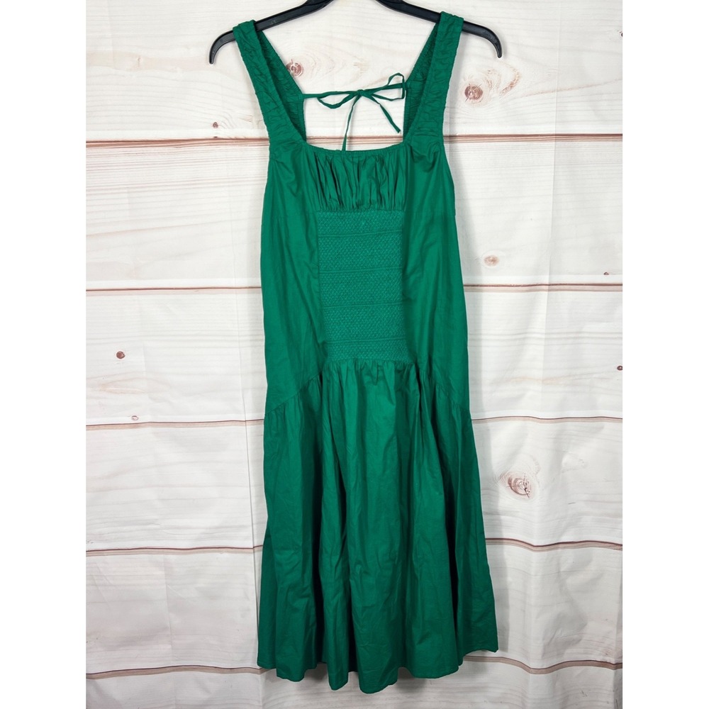 Celandine Dress Womens XS Green Cotton Poplin Midi Pockets Smocked Scoop Back